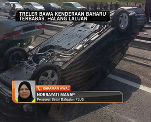 Treler bawa kenderaan baharu terbabas, halang laluan
