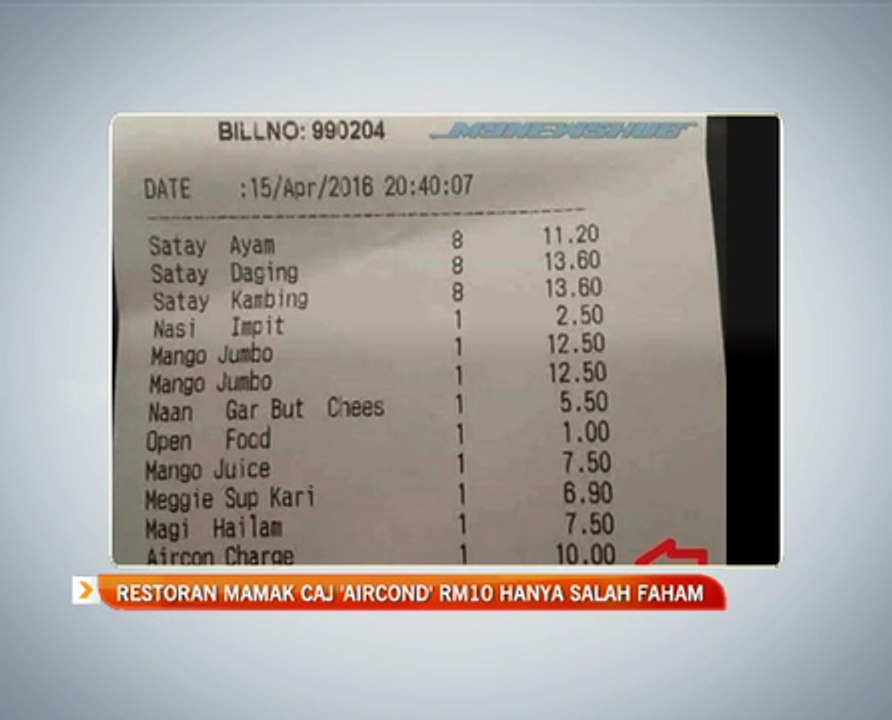 Restoran mamak caj 'aircond' RM10 hanya salah faham