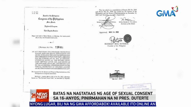 Batas na nagtataas ng age of sexual consent sa 16-anyos, pinirmahan na ni PDu30 | 24 Oras News Alert