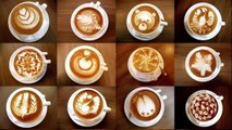 Coffee latte art Flat lay of hot coffee latte art set on dark background