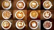 Coffee latte art Flat lay of hot coffee latte art set on dark background
