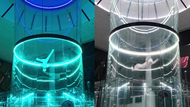 'Indoor Skydiving World Champion flies head down in a wind tunnel '