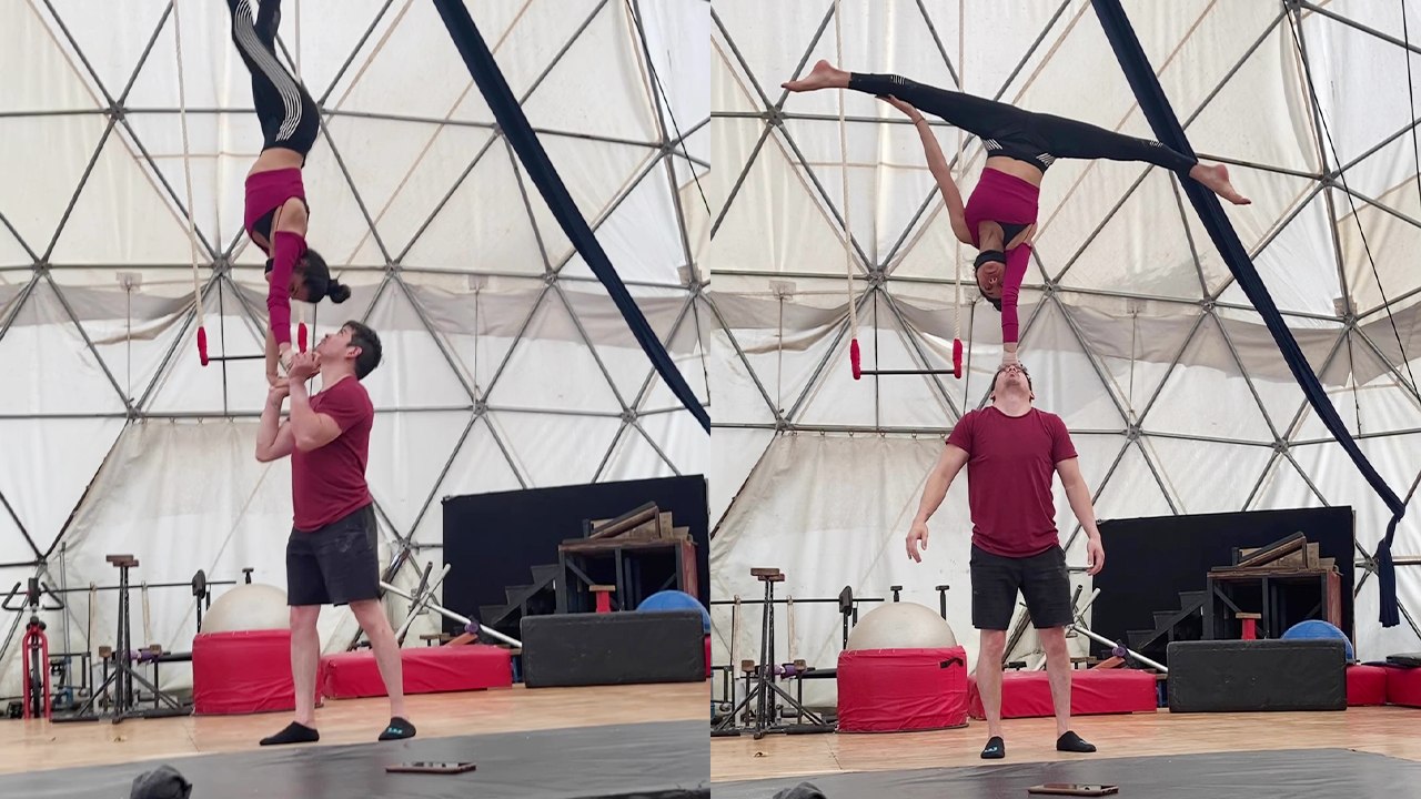 'Creative acrobatic duo trains for a JAW-DROPPING hand-to-head sequence '