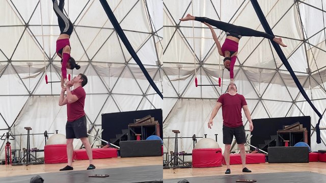 'Creative acrobatic duo trains for a JAW-DROPPING hand-to-head sequence '