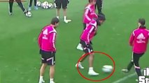 Cristiano Ronaldo passe un petit pont à Raphaël Varane à l'entraînement