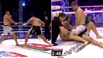 Sa jambe se brise, mais son adversaire ne s'en rend pas compte !