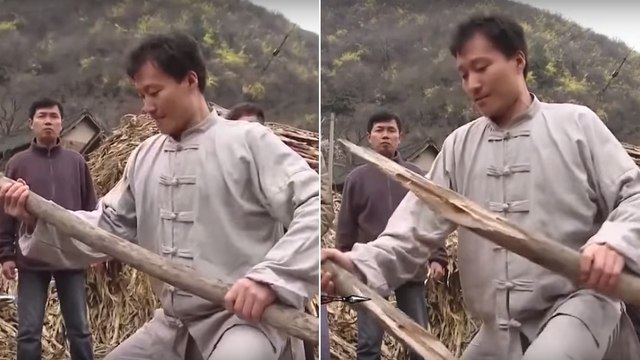 Un maître des arts martiaux brise un énorme bout de bois à la seule force des ses bras