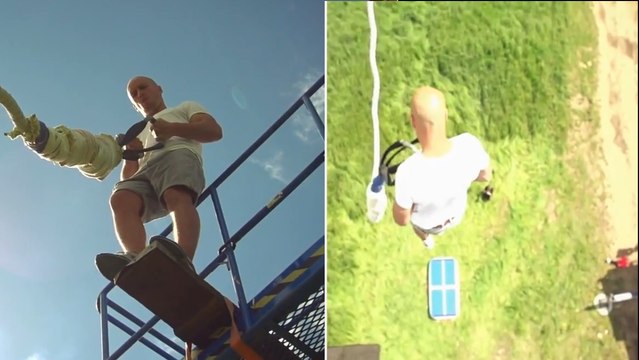 Il saute à l'élastique en le tenant juste avec les mains