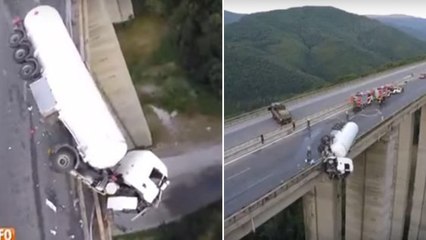 Ce camion est resté suspendu deux heures dans le vide à 128 mètres de hauteur