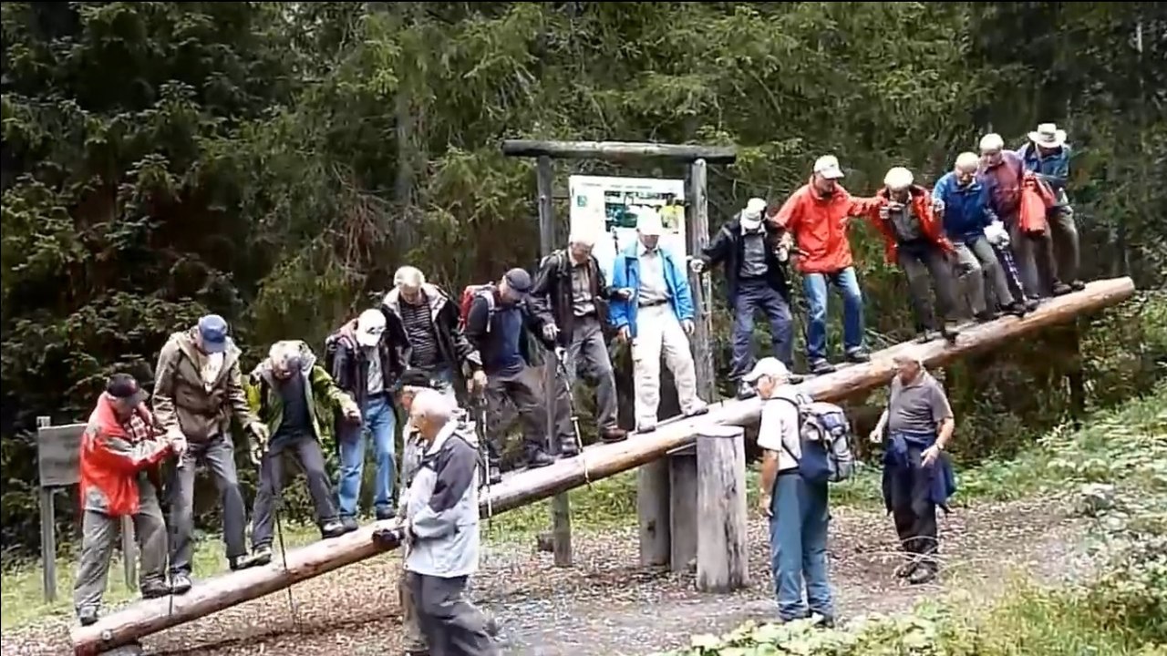 Des randonneurs chutent en faisant de la balançoire sur un tronc d'arbre