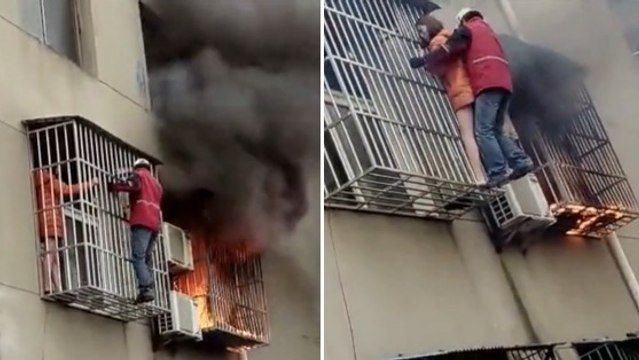 Chine : Un homme sauve une femme d'un immeuble en flammes