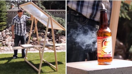 Il teste l'efficacité d'une loupe solaire fabriquée à partir d'un vieil écran de télé sur une bouteille en verre