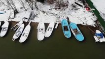 Terkos Gölü'nde kartpostallık kar manzarası drone ile görüntülendi