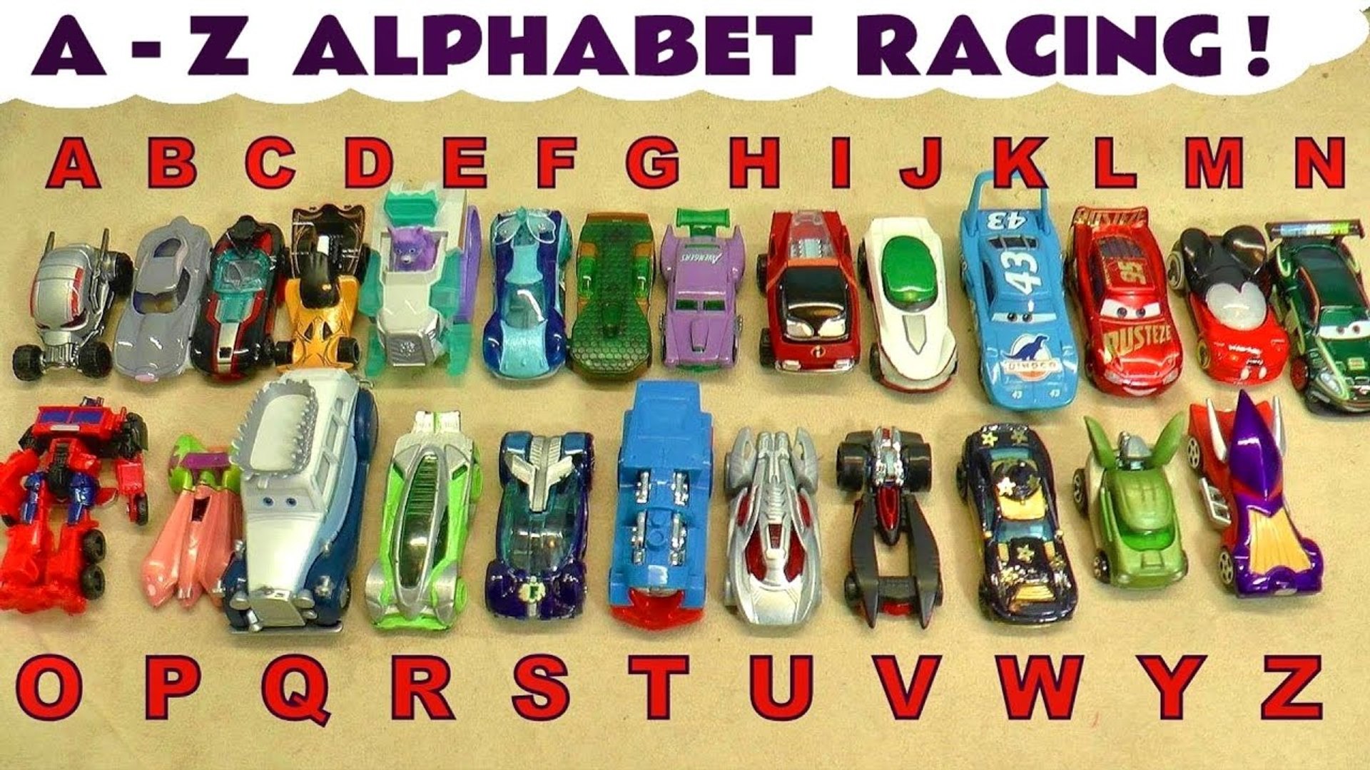 Funlings Race Alphabet Racing with Pixar Cars Lightning McQueen versus Hot Wheels in this Stop Motion Family Friendly Full Episode English Video for Kids by Toy Trains 4U