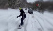 Sarıyer'de bir kişi araca bağladığı iple kayak yaptı