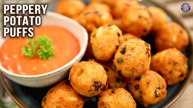 Peppery Potato Puffs Recipe | Potato Puffs Using Rava | Veg Starters for Party | Quick Potato Snacks