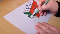 3D Drawing Floating Rubik-s Cube - How to Draw 3D Rubik-s Cube - Trick Art on Paper