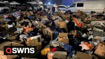 Mounds of clothing donated by Europeans for refugees on the Polish-Ukrainian border