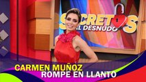 Carmen Muñoz llora durante la presentación de su nuevo programa de televisión 'Secretos al desnudo' en Televisa