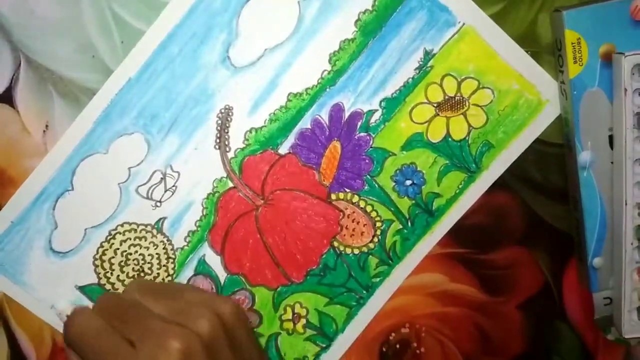 How to Draw Landscape with flowers and butterfly | Easy drawing with flowers Scene