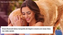 Namorada de Neymar, Bruna Biancardi deixa marquinha de biquíni à mostra em maiô trend cavado