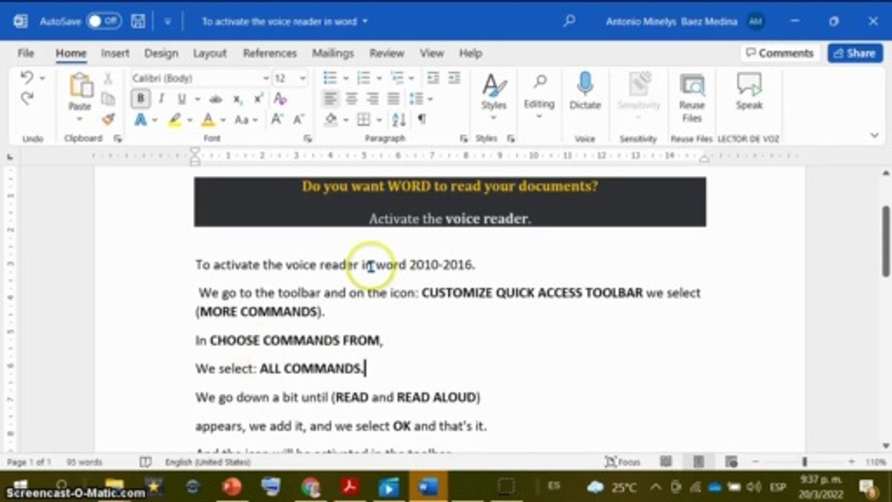How to activate the voice reader in Word.