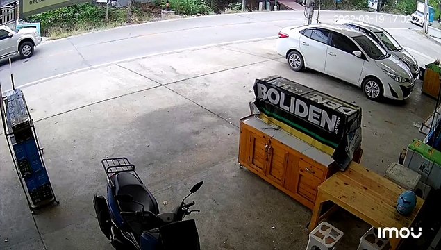 Truck Tire Pops off Knocking Over Product Stand