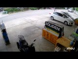 Truck Tire Pops off Knocking Over Product Stand