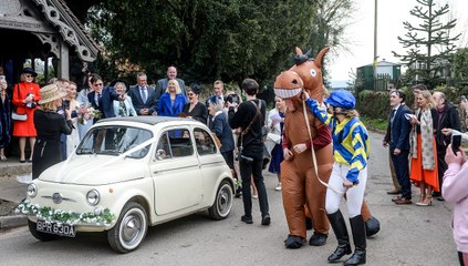British jockeys get married with inflatable horse as one of the special guests