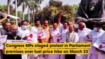 Congress MPs protest in front of Gandhi statue in Parliament premises over fuel price hike