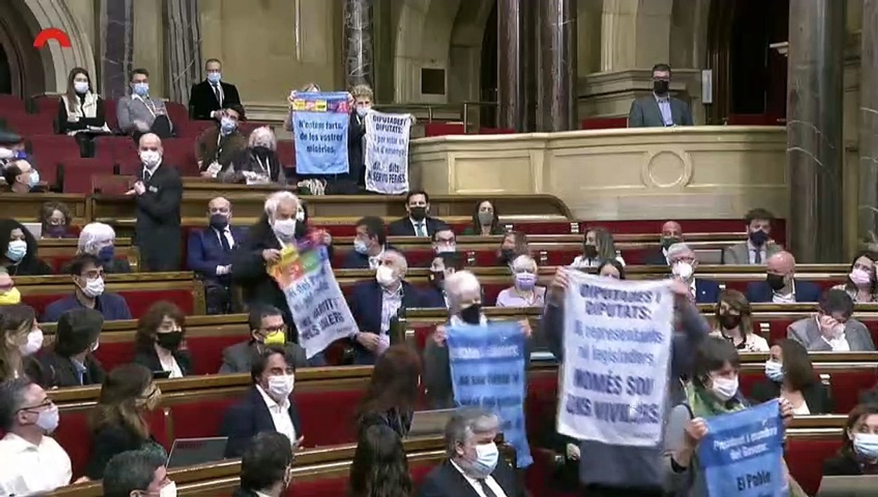 Un grupo de activistas irrumpe en el Parlament con pancartas contra políticos