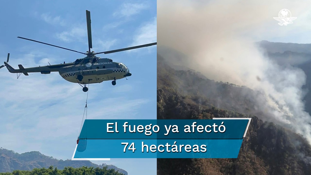 Guardia Nacional manda 2 helicópteros con helibalde para combatir incendio en cerro de Tepoztlán