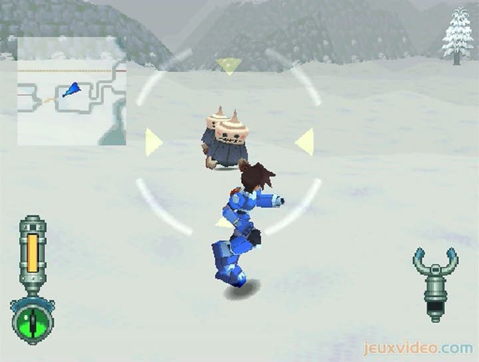 Mega Man Legends 2 : Combats et exploration sous la neige.