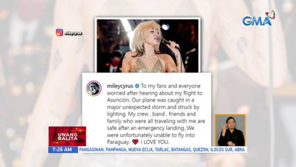 Eroplanong sinasakyan ni Miley Cyrus, tinamaan ng kidlat | UB