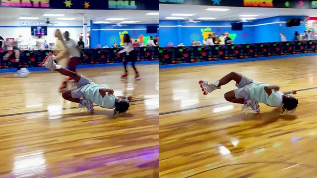 'Innovative roller-skater shows off his unrivaled flexibility in a skating rink '