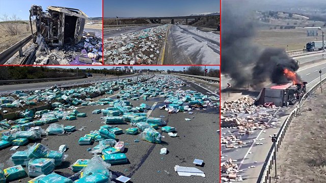 Metrelerce sürüklenen tır alev aldı, içindekiler yola savruldu