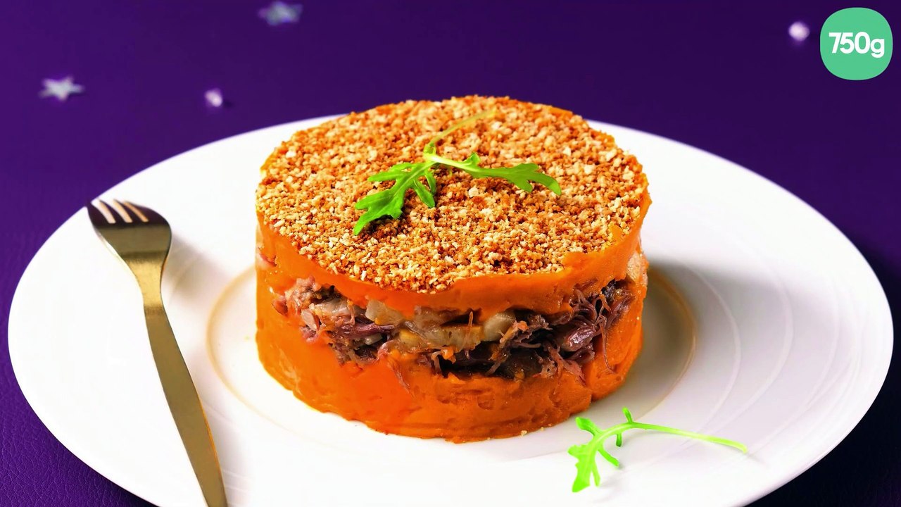 Parmentier croustillant de patates douces et de confit de canard aux pommes et oignons