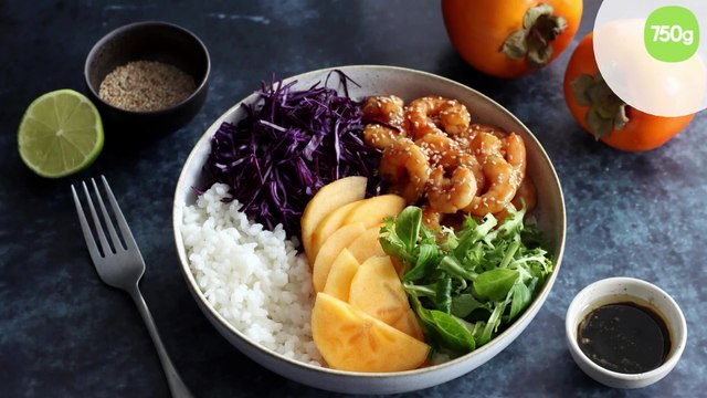 Poke bowl au Kaki Ribera del Xúquer AOP et crevettes