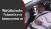 Nitin Gadkari reaches Parliament in green hydrogen-powered car