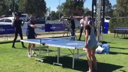 Pat Cash takes on a member of the public at table tennis at Morse Park