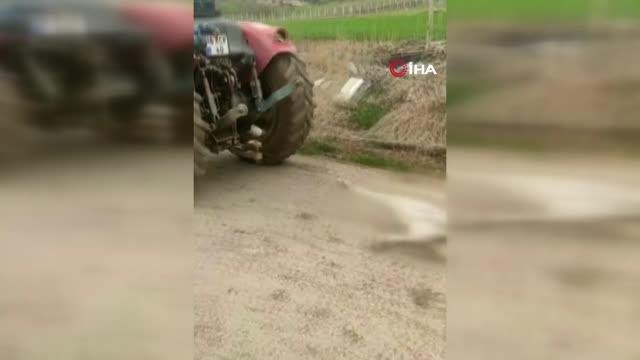 Av tüfeği ile vurduğu köpeği traktörünün arkasına bağlayıp sürükledi