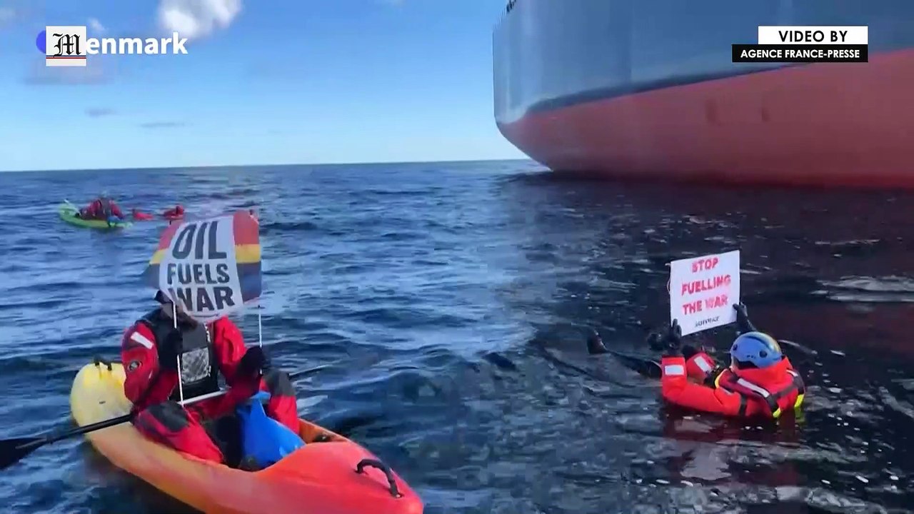Greenpeace activists protest against oil tanker from Russia in Danish waters