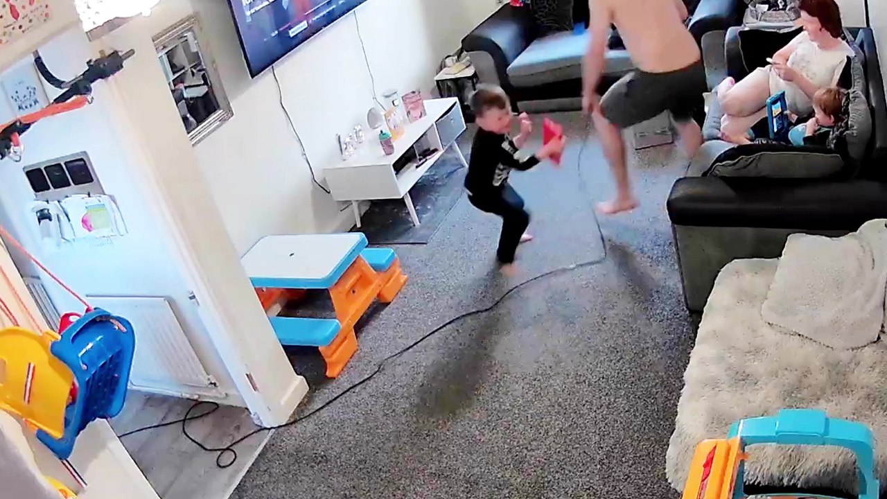 'Girl goes into laughing frenzy after her boyfriend gets SPOOKED OUT by his son '