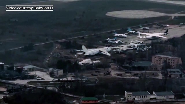 Drone footage shows damage to Antonov International airport near Hostomel, Ukraine