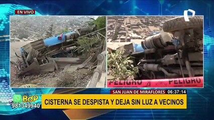 SJM: Camión cisterna está a punto de caer sobre vivienda