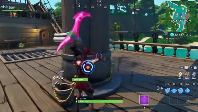 Fortnite, Défi : Collecter du bois de la pierre et du métal sur un bateau, un parapluie et une usine de robot