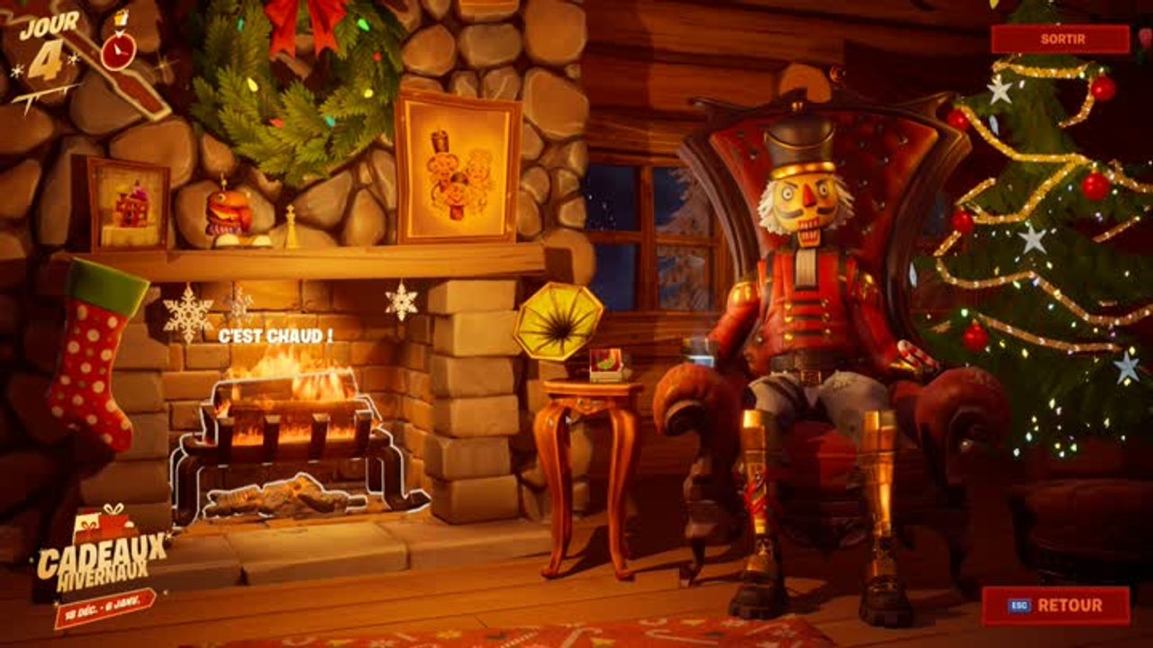 Se réchauffer près du feu de la cheminée du chalet de la Fête hivernale (mission Fête hivernale)