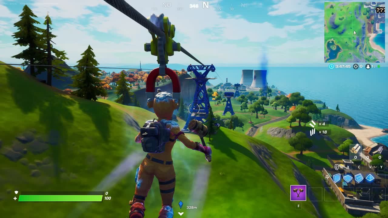 Fortnite, Chapitre 2, saison 4 : Utiliser une tyrolienne entre Retail Row et Steamy Stacks (défis de la semaine 6)