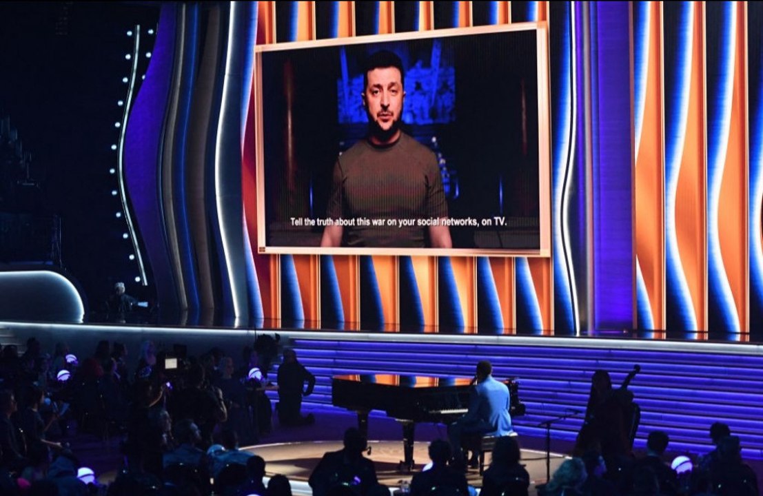 Ukraine President Zelensky makes speech at the 2022 Grammy Awards