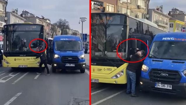 İETT şoförü ile kargocunun trafikte yol verme kavgası kameralara yansıdı